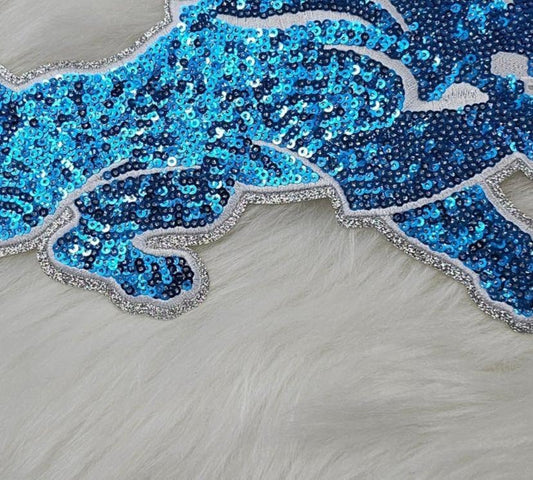 Blue Lion Mascot Sequin with Silver Glitter Large Iron On Patch