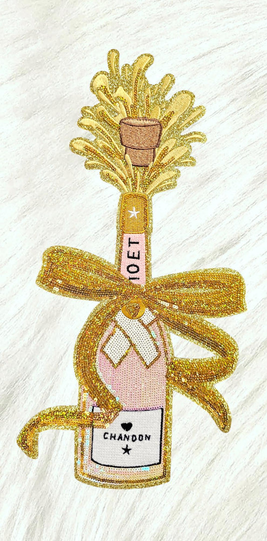 XXL Pink Rose Champagne with Bow Cheers Toast Large Sequin Iron on Patch, Pink Champagne Bottle Galentines Bridal Bachelorette Party Patch