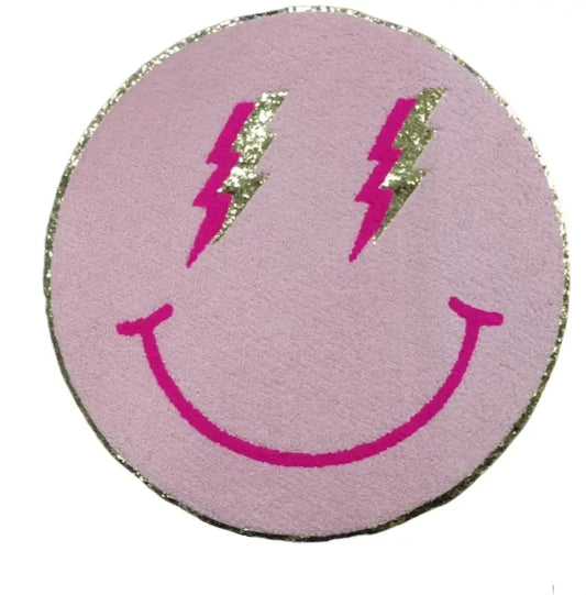 Pink Lightning Bolt Large Smile Chenille Gold Glitter Iron On Patch