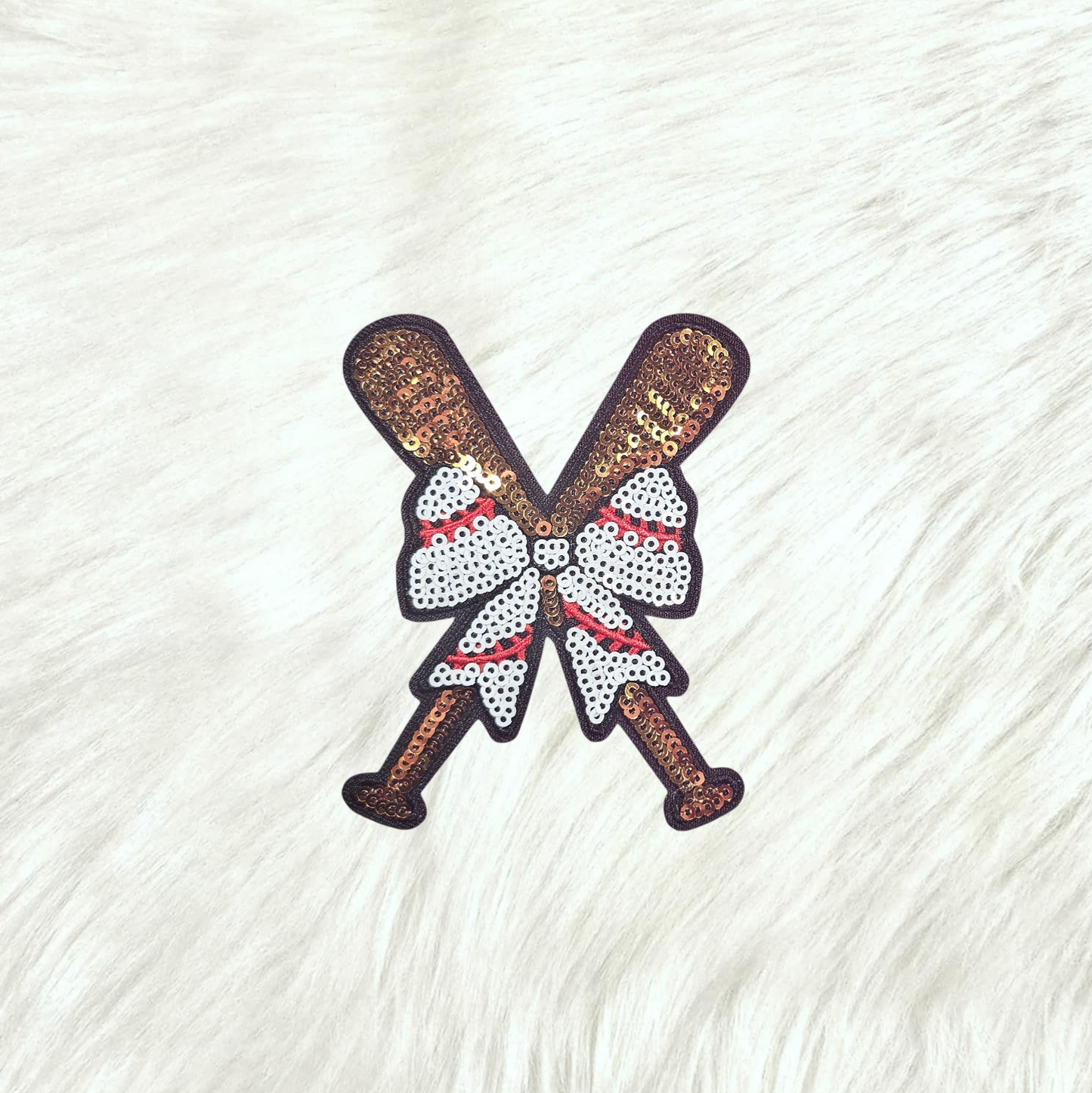 Baseball Bat Bow Sequin Black Glitter Small Iron On Patch