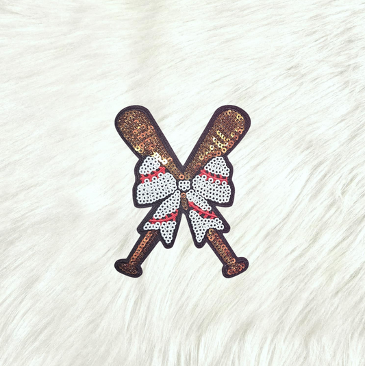 Baseball Bat Bow Sequin Black Glitter Small Iron On Patch