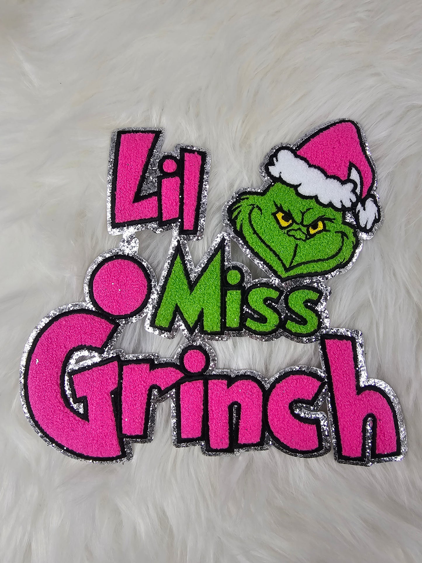 Lil Miss Grinchy Chenille Silver Glitter Iron-on Patch