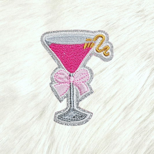 Cosmopolitan Pink Martini Coquette Bow on Silver Glitter Iron On Patch