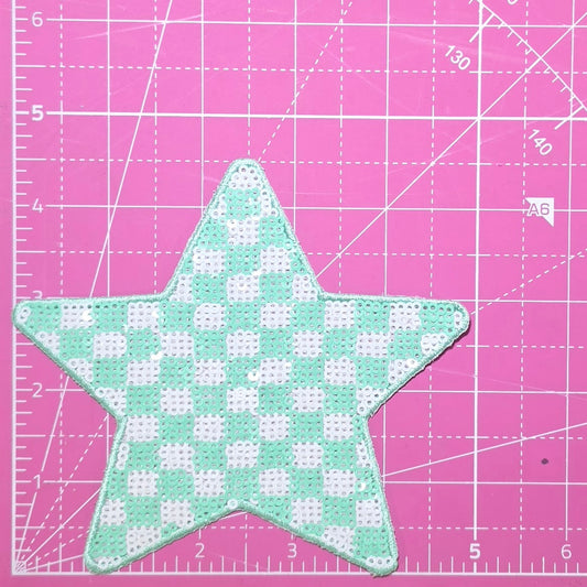 Checkered Star Minty Green and White Sequin Iron On Patch