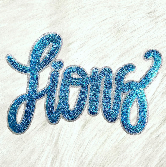 Cursive Lions Heart Sequin with Silver Glitter Large Iron On Patch