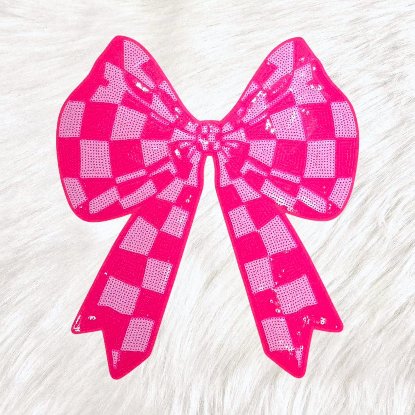 Checkered Bow Pink Sequin Large Iron On Patch