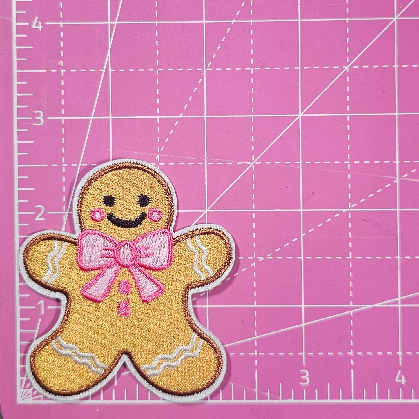Gingerbread Man with Pink Bow Embroidery Iron On Patch