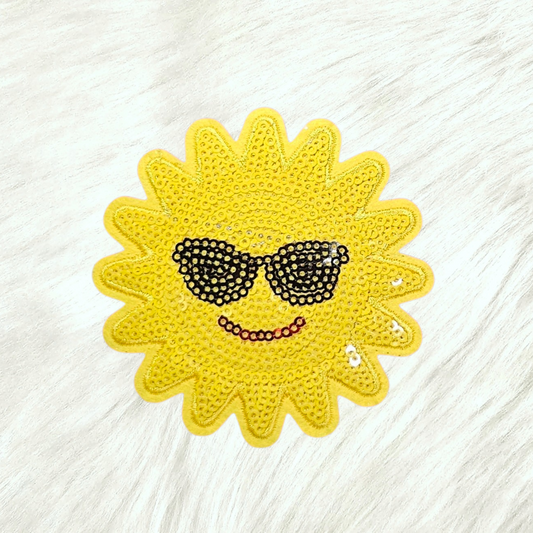 Smiling Sun with Glasses Sequin Iron On Patch