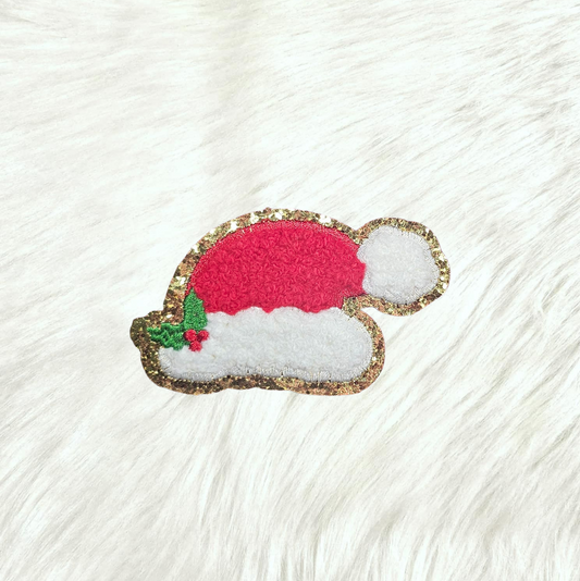 Santa Hat With Mistletoe Chenille Gold Glitter Iron On Patch