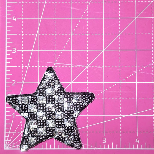 Checkered Star Small Black Silver Sequin Iron On Patch