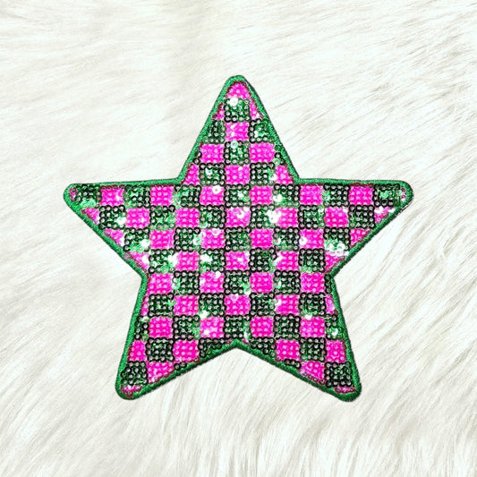 Checkered Star Green and Pink Sequin Iron On Patch