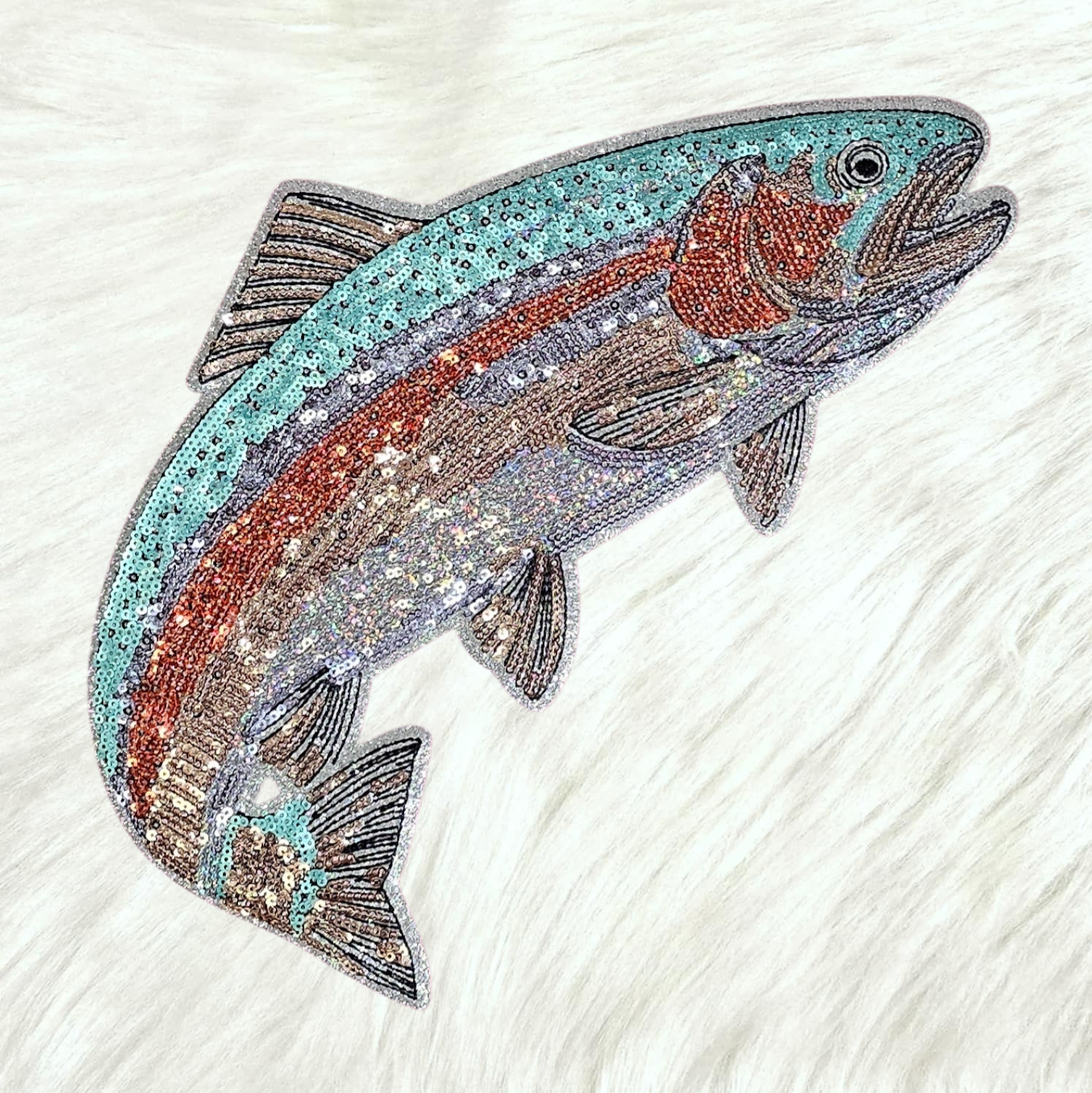 Trout Speckled Rainbow Fishing Sequin Glitter Large Iron-on Patch