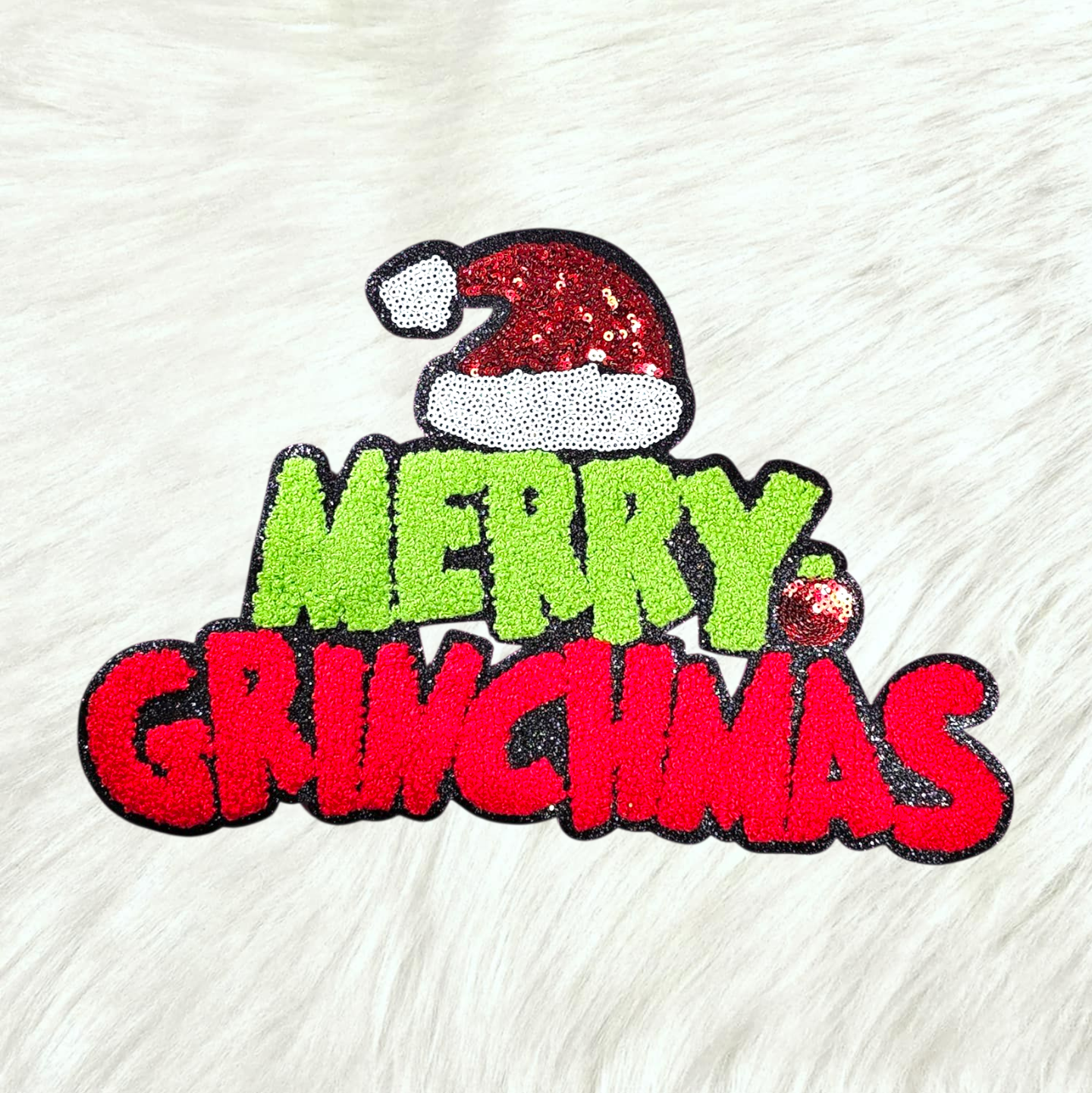 Merry Grinchmas Chenille Sequin Black Glitter Iron-on Patch