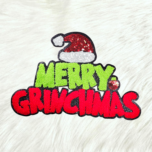 Merry Grinchmas Chenille Sequin Black Glitter Iron-on Patch