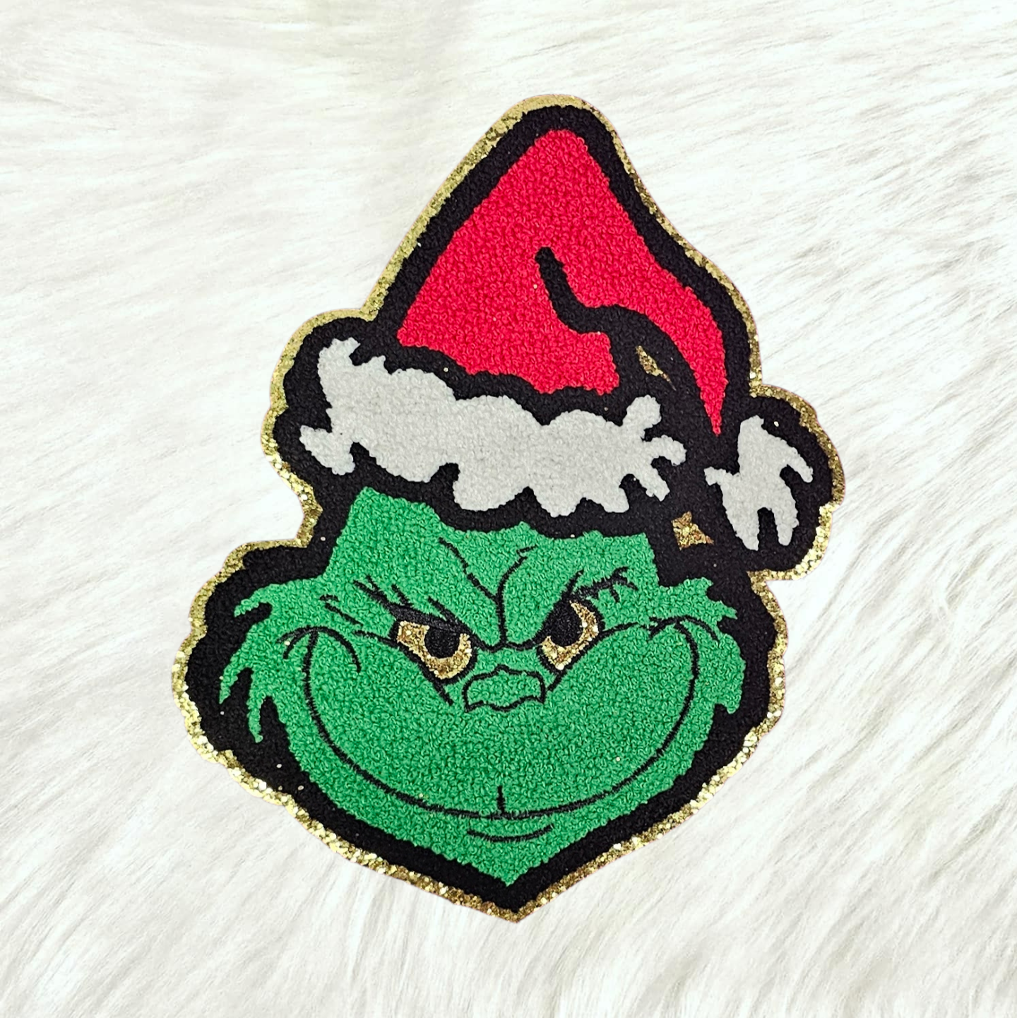 Large Grinchy Santa Hat Chenille Patch with Gold Glitter Iron On Patch