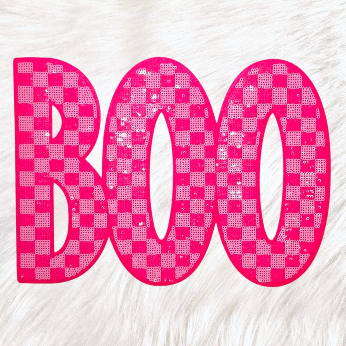 Boo Checkered Halloween Pink Sequin Large Iron on Patch
