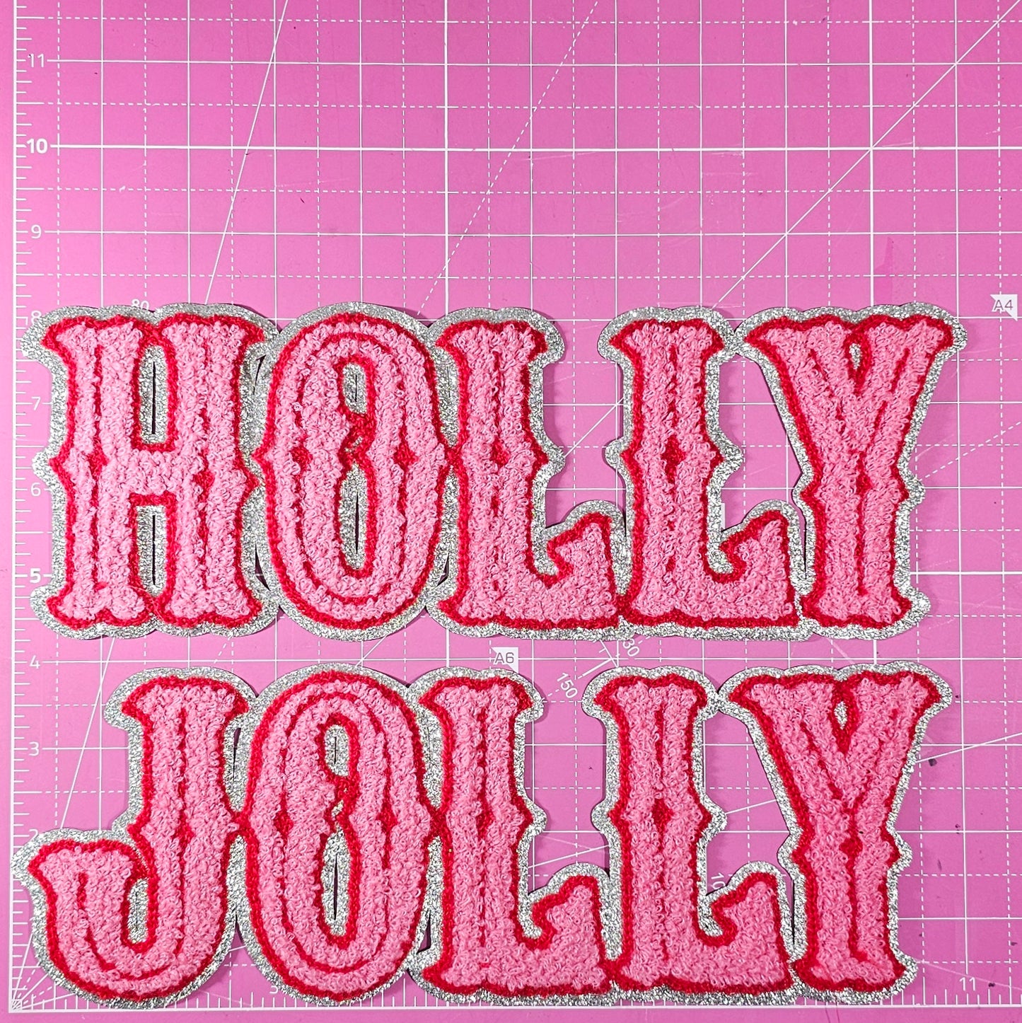 Holly Jolly Chenille on Silver Glitter Large Iron-on Patch