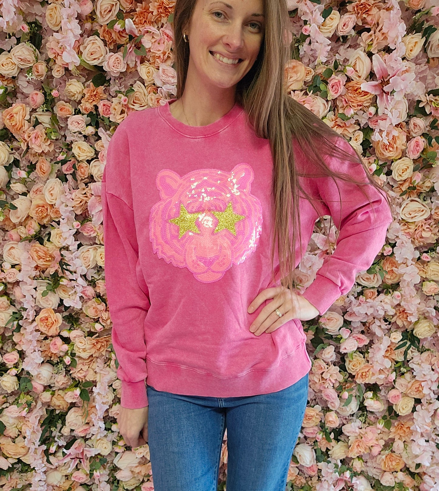 Hot Pink Tiger Mascot Sewn on Sequin Acid Wash Crew by Pretty Preppy Co.