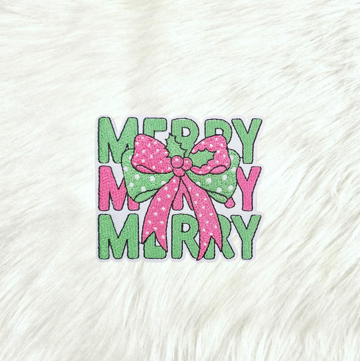 Merry Merry Merry Pink Bow Embroidery Small Iron On Patch