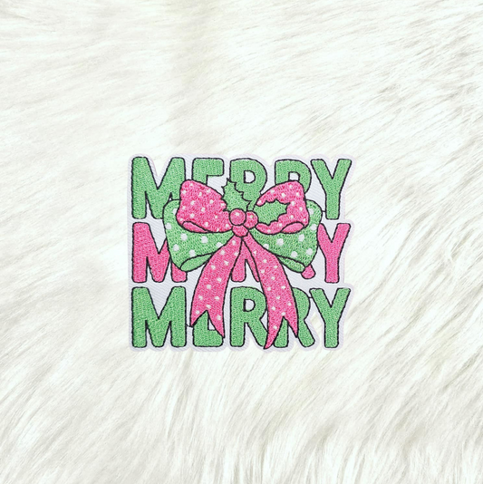 Merry Merry Merry Pink Bow Embroidery Small Iron On Patch