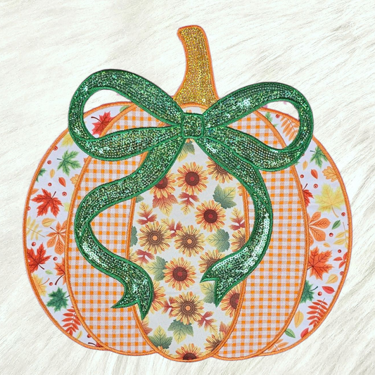 Halloween Pumpkin with Patchwork Quilt Sequin Bow Large Iron on Patch
