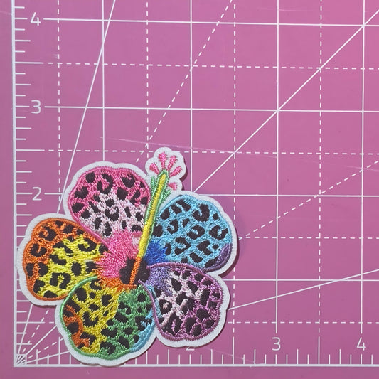 Hibiscus Flower Leopard Print Neon 90's Iron on Patch