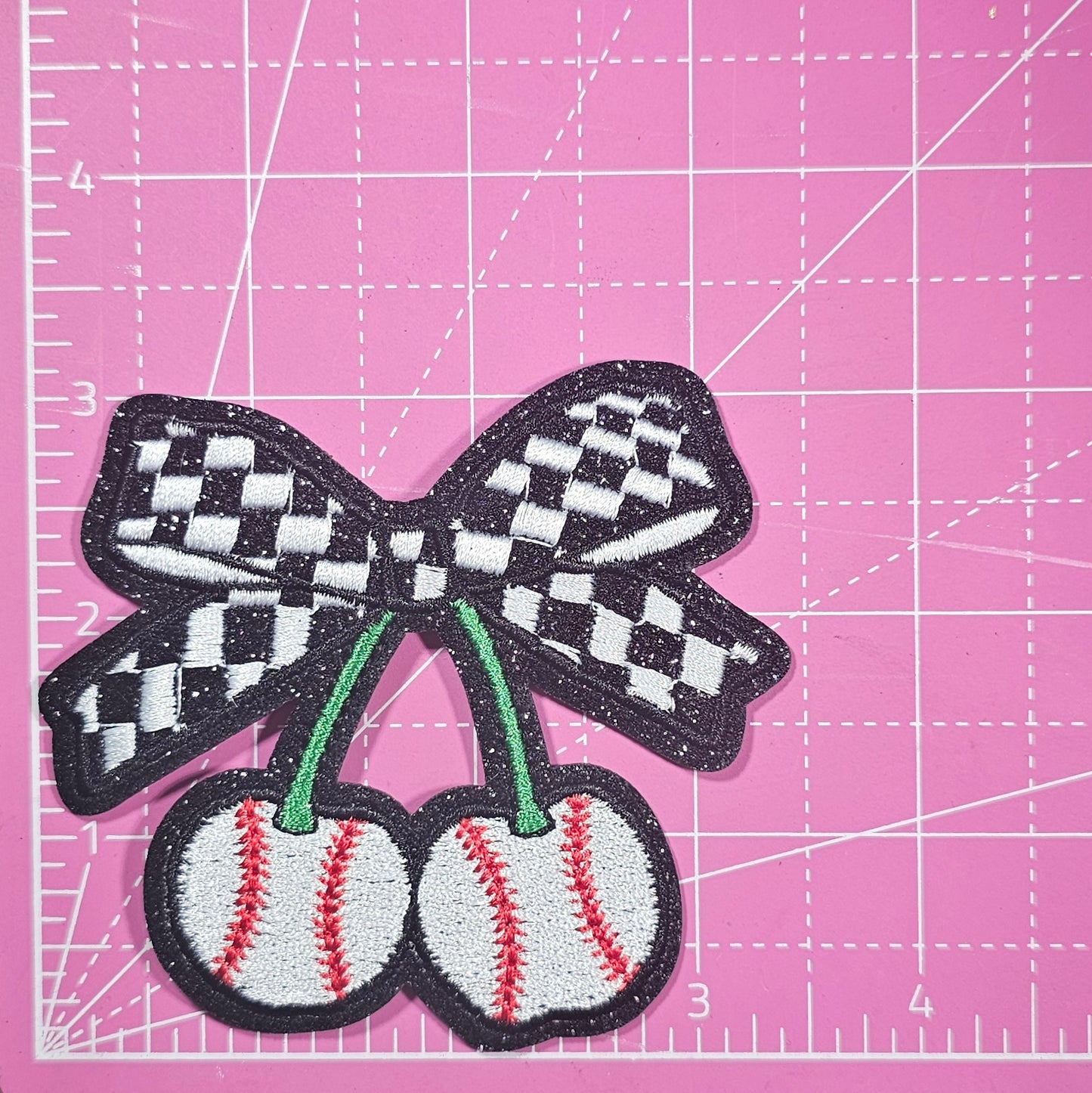 Baseball Cherries Checkered Bow Black Glitter Small Iron On Patch