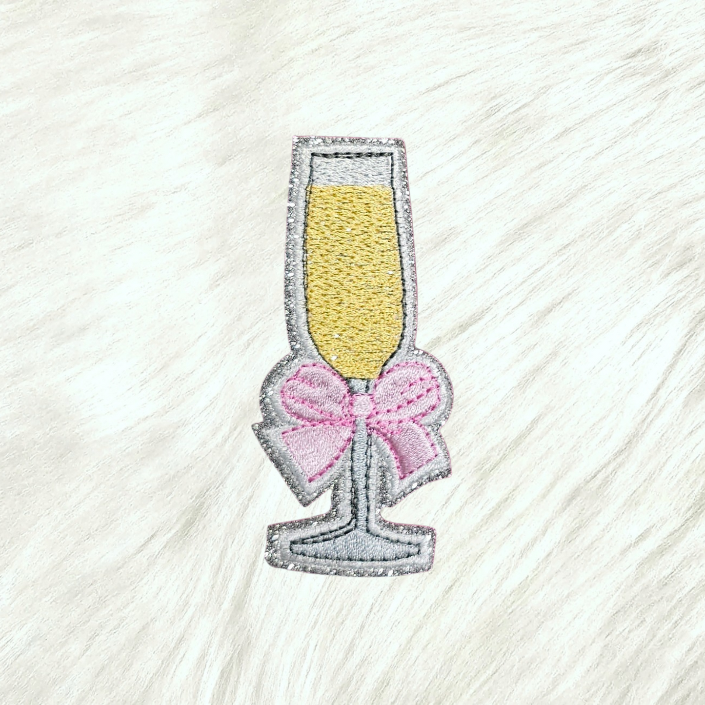 Champagne Flute Pink Coquette Bow on Silver Glitter Iron On Patch