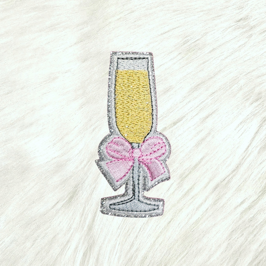 Champagne Flute Pink Coquette Bow on Silver Glitter Iron On Patch