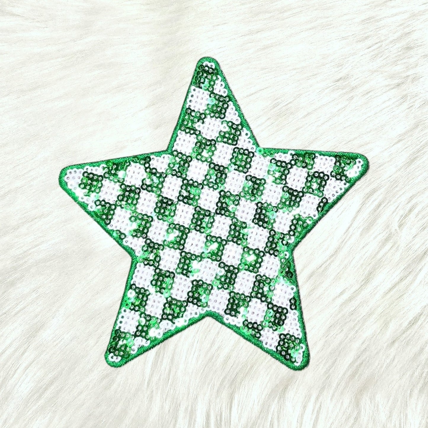 Checkered Star Green and White Sequin Iron On Patch