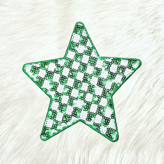 Checkered Star Green and White Sequin Iron On Patch