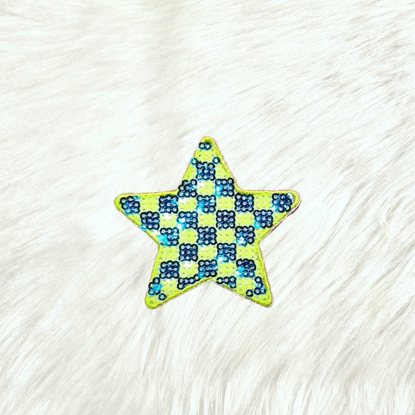 Checkered Star Small Green Blue Sequin Iron On Patch