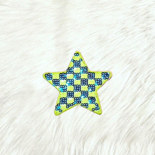 Checkered Star Small Green Blue Sequin Iron On Patch
