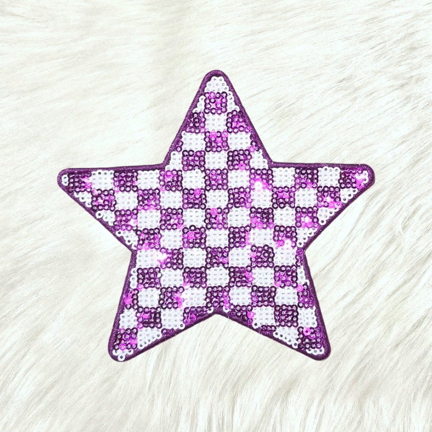 Checkered Star Purple and White Sequin Iron On Patch