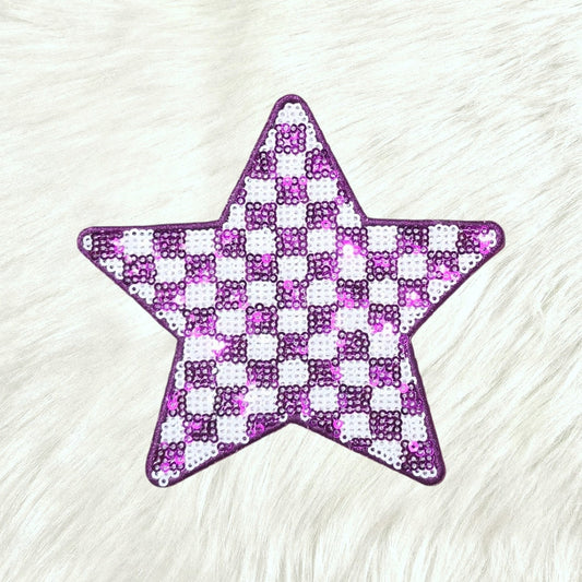 Checkered Star Purple and White Sequin Iron On Patch