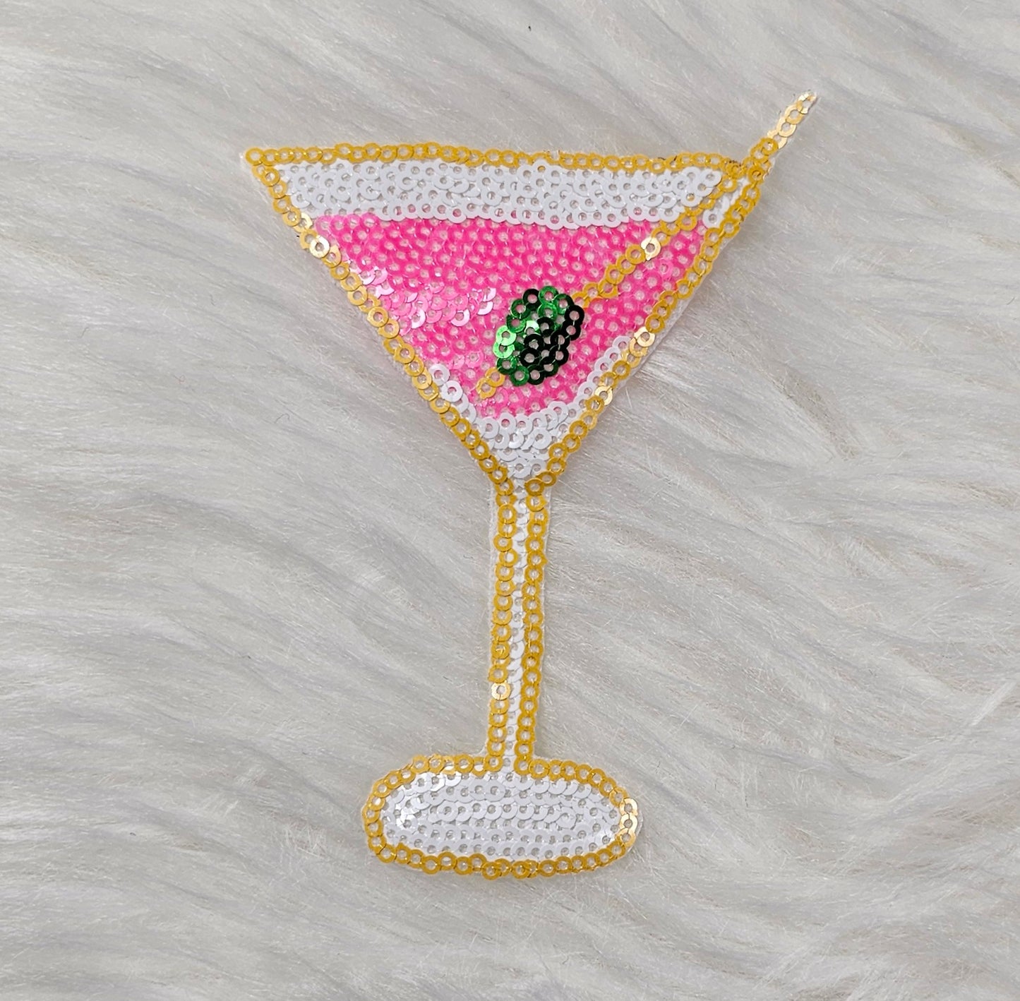 Sequin Pink Martini with Olive Embroidery Iron On Patch