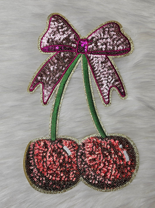 Large Cherry and Pink Bow Sequin Iron On Patch