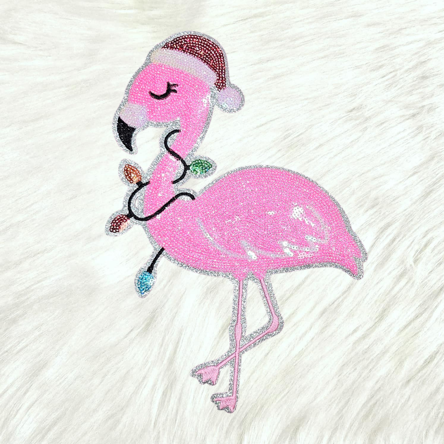 Christmas Pink Flamingo Tree Lights Sequin on Silver Glitter Iron-on Patch