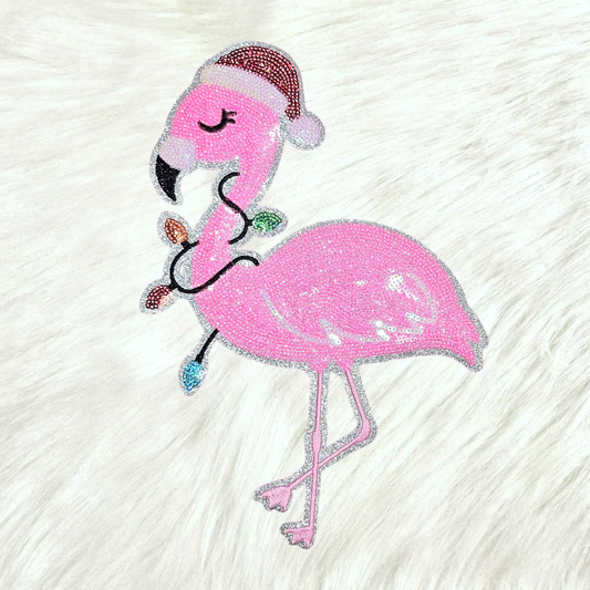 Christmas Pink Flamingo Tree Lights Sequin on Silver Glitter Iron-on Patch