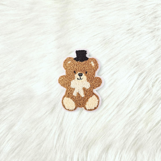 Teddy Bear with Top Hat and Cream Bow Small Chenille Iron On Patch