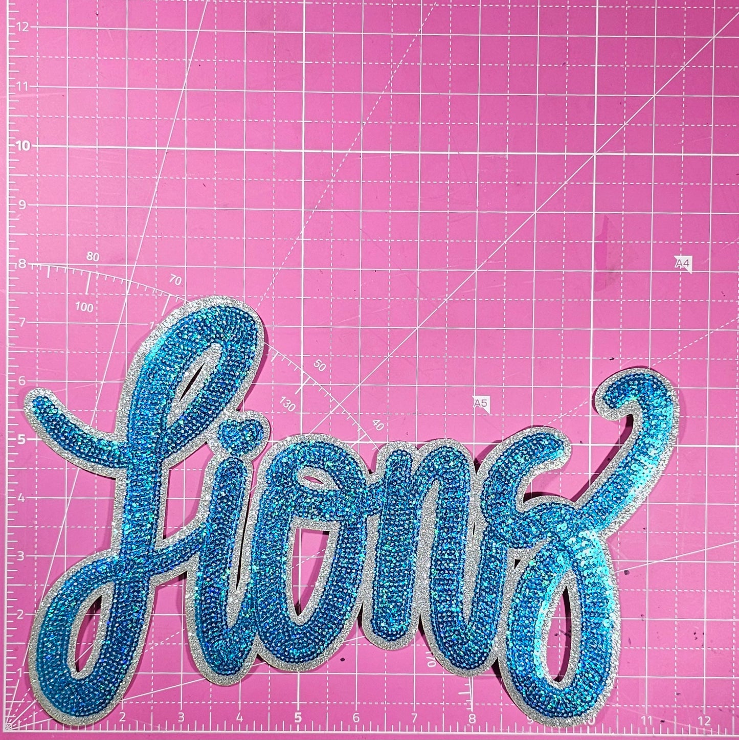 Cursive Lions Heart Sequin with Silver Glitter Large Iron On Patch