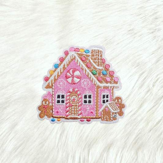 Pink Gingerbread Candy House Embroidery Iron On Patch