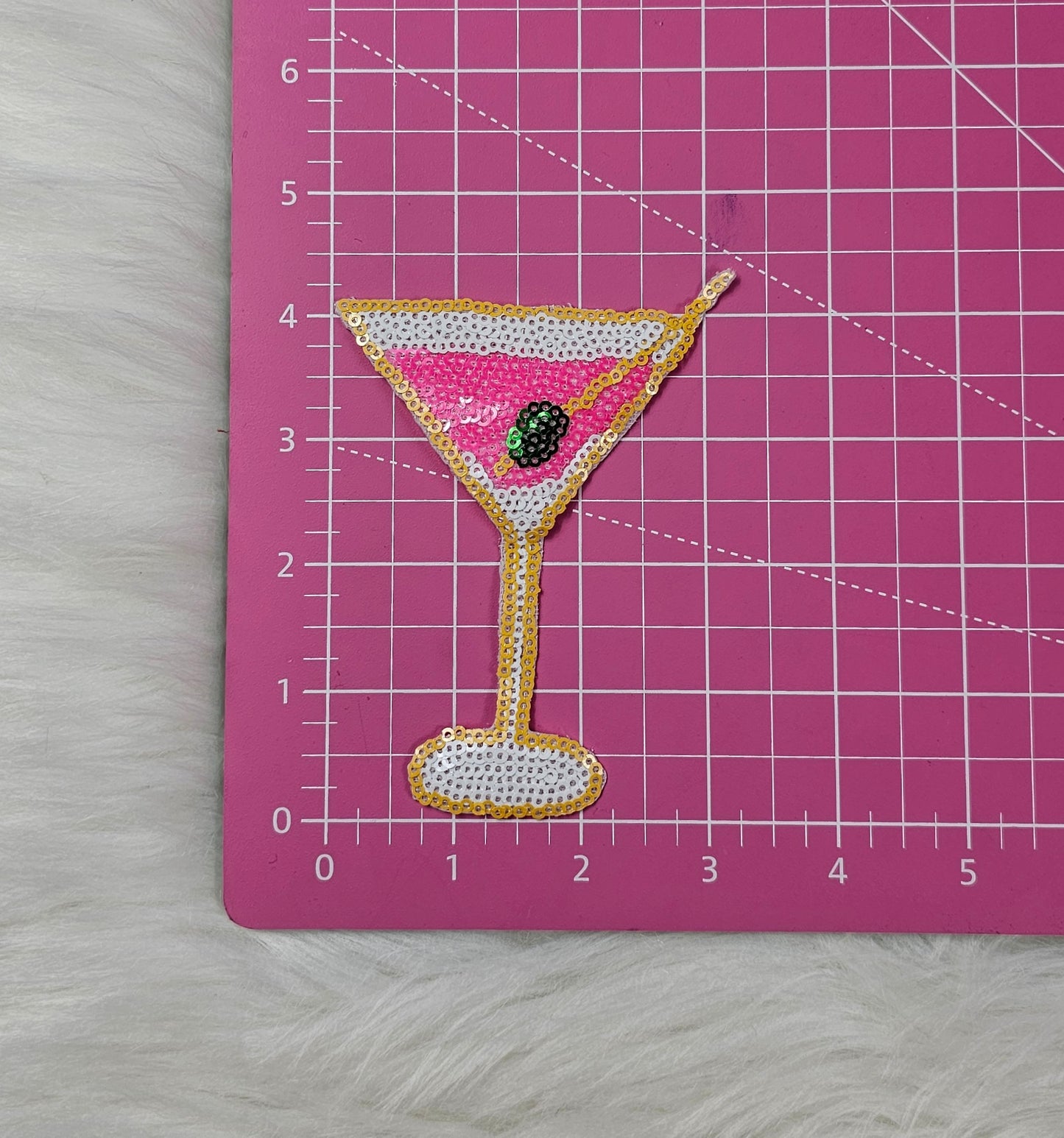 Sequin Pink Martini with Olive Embroidery Iron On Patch