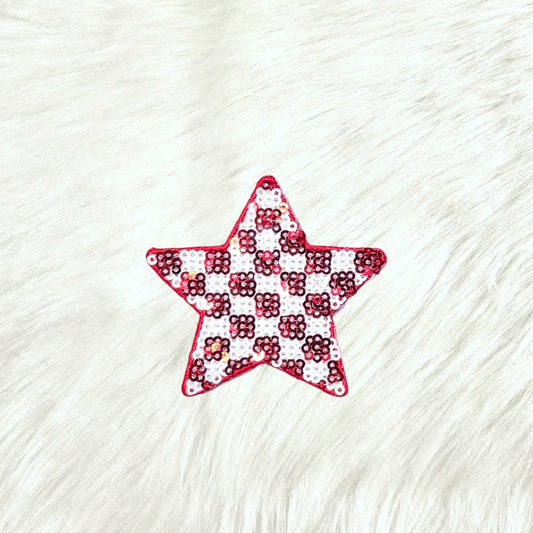 Checkered Star Small Red White Sequin Iron On Patch