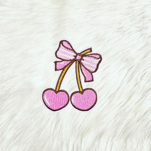 Cherry Hearts Pink Coquette Bow Embroidery On Patch