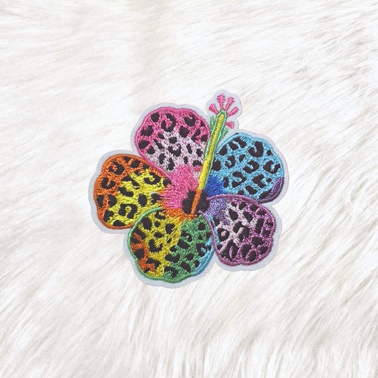 Hibiscus Flower Leopard Print Neon 90's Iron on Patch