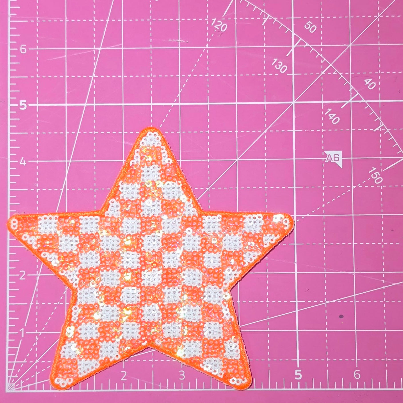 Checkered Star Orange and White Sequin Iron On Patch