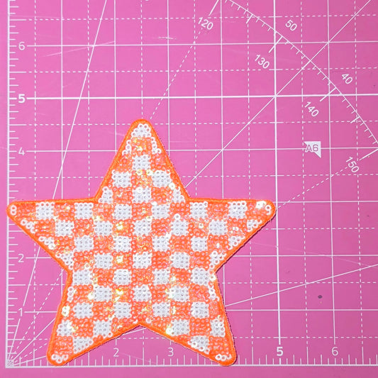 Checkered Star Orange and White Sequin Iron On Patch
