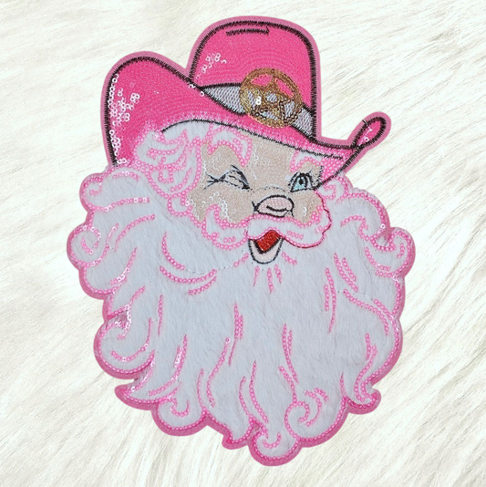 $1 Fuzzy Beard Pink Western Santa Large Sequin Iron On Patch