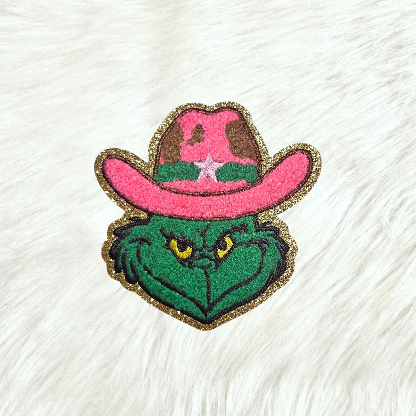 Grinchy Rodeo Western Pink Hat Chenille Embroidery Iron On Patch